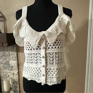 blu pepper white crochet sweater tank top shirt women's small faux button front